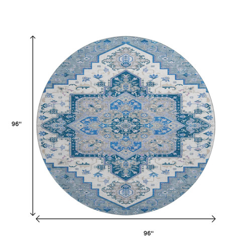 8' Blue Ivory And Gray Oriental Washable Round Rug With UV Protection