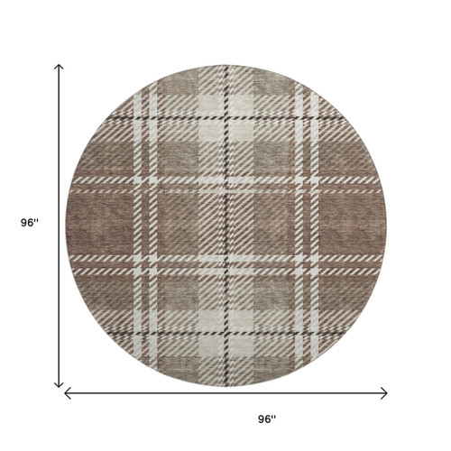 8' Brown Ivory And Taupe Plaid Washable Round Rug With UV Protection