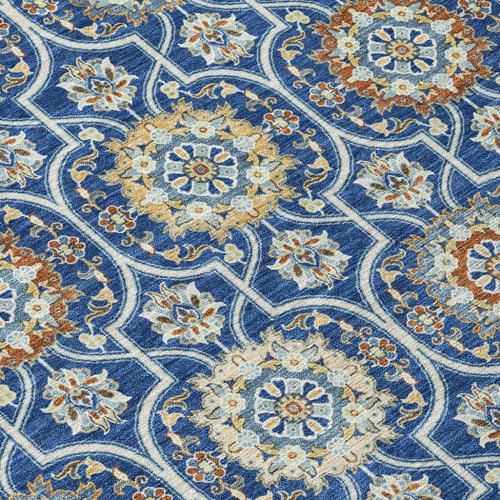 10' X 14' Navy Blue And Ivory Floral Medallion Washable Indoor Outdoor Area Rug