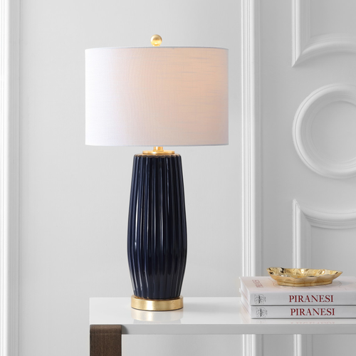 29" Navy Blue And Gold Table Lamp With Drum Shade