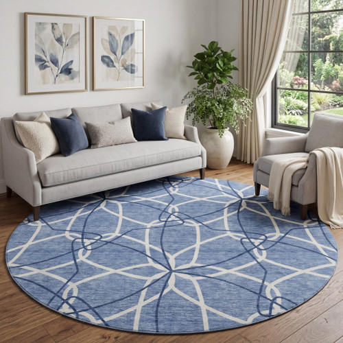 8' Denim Blue And Ivory Geometric Washable Round Rug With UV Protection
