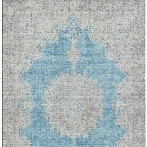 9' X 12' Teal Aqua And Gray Oriental Washable Area Rug With UV Protection