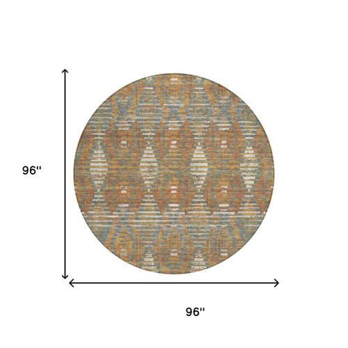8' Orange And Brown Round Floral Medallion Washable Indoor Outdoor Area Rug