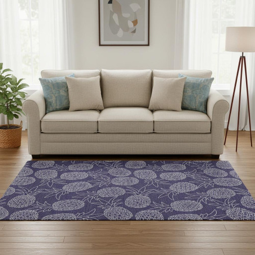 5' X 8' Blue And Ivory Botanical Leaves Washable Area Rug With UV Protection