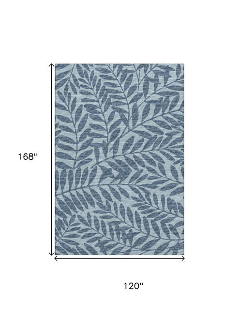 10' X 14' Blue And Ivory Botanical Leaves Washable Area Rug With UV Protection