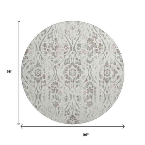 8' Ivory And Beige Floral Washable Round Rug With UV Protection