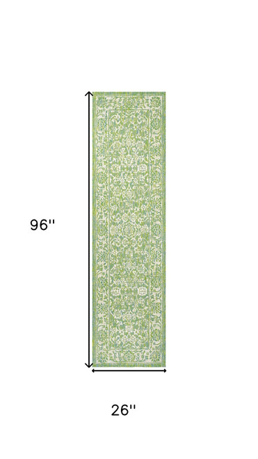 8' Cream And Green Medallion Indoor Outdoor Runner Rug