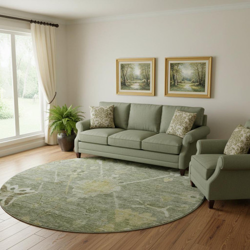 8' Sage And Beige Oriental Washable Round Rug With UV Protection