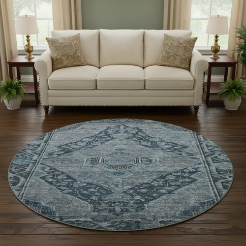 8' Navy Blue And Gray Oriental Washable Round Rug With UV Protection