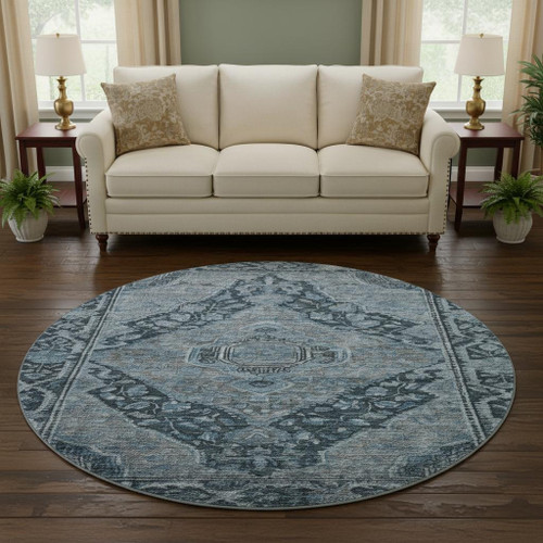 8' Navy Blue And Gray Oriental Washable Round Rug With UV Protection