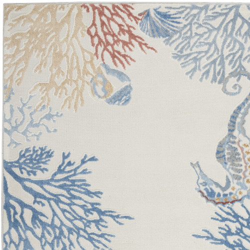 5' X 7' Ivory Blue And Brown Seashell and Coral Area Rug