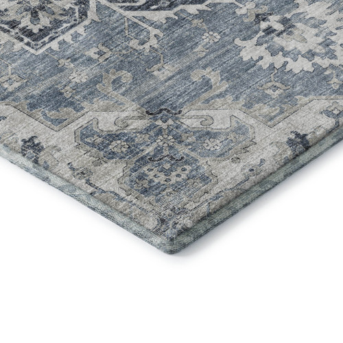 10' X 14' Blue Ivory And Gray Floral Medallion Distressed Washable Area Rug With UV Protection