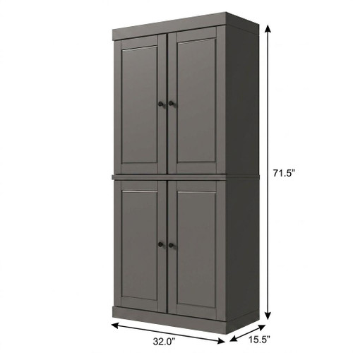 72" Gray Solid Wood Adjustable Six Tier Library Bookcase with Four Doors