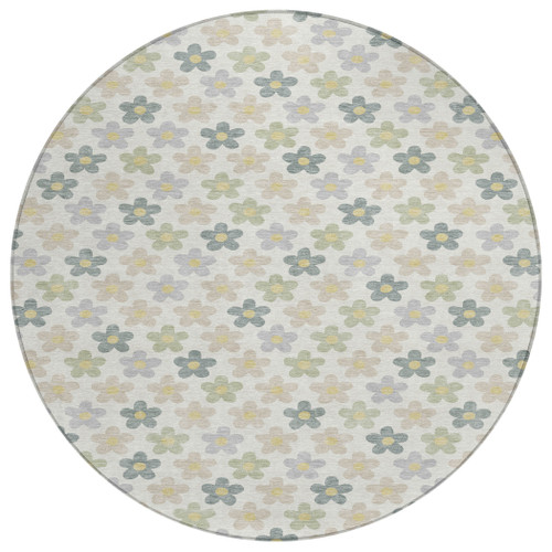 8' X 8' Ivory And Beige Round Floral Washable Indoor Outdoor Area Rug