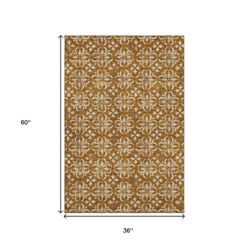 3' X 5' Rust And Beige Floral Washable Area Rug With UV Protection