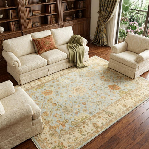 9' X 12' Blue And Sand Wool Oriental Hand Knotted Area Rug