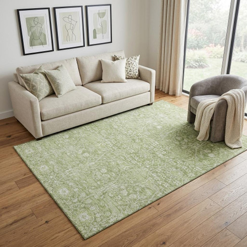5' X 8' Artichoke Green And Beige Floral Washable Area Rug With UV Protection