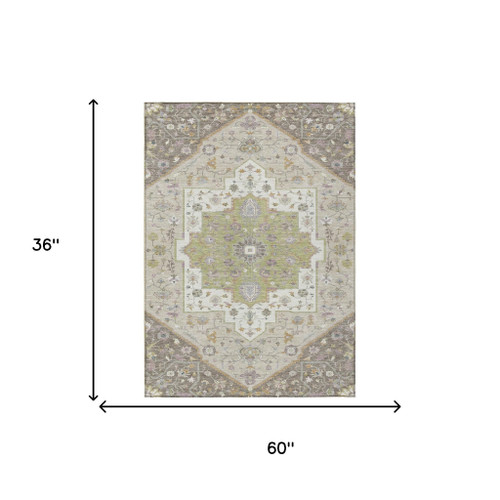 3' X 5' Taupe And Beige Floral Medallion Washable Indoor Outdoor Area Rug