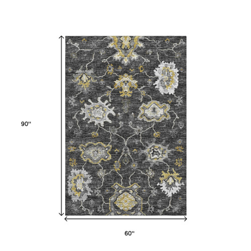 5' X 8' Graphite Ivory And Gold Floral Medallion Distressed Washable Area Rug With UV Protection