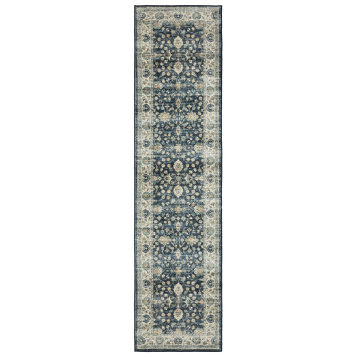 8' Blue And Ivory Oriental Distressed Runner Rug