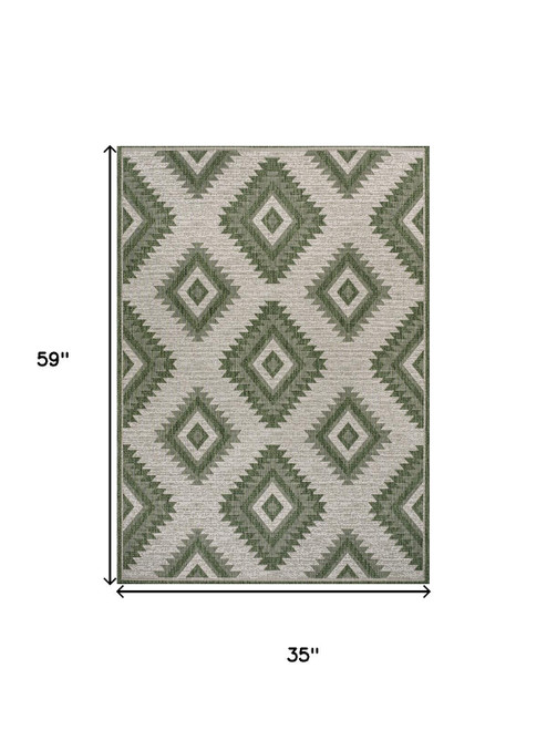 3' X 5' Green And Cream Moroccan Indoor Outdoor Area Rug