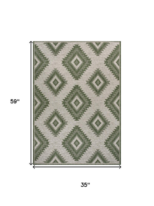 3' X 5' Green And Cream Moroccan Indoor Outdoor Area Rug