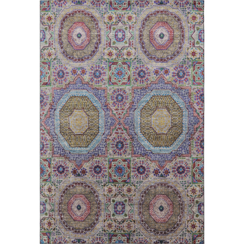 9' X 12' Purple Teal And Red Medallion Washable Area Rug With UV Protection