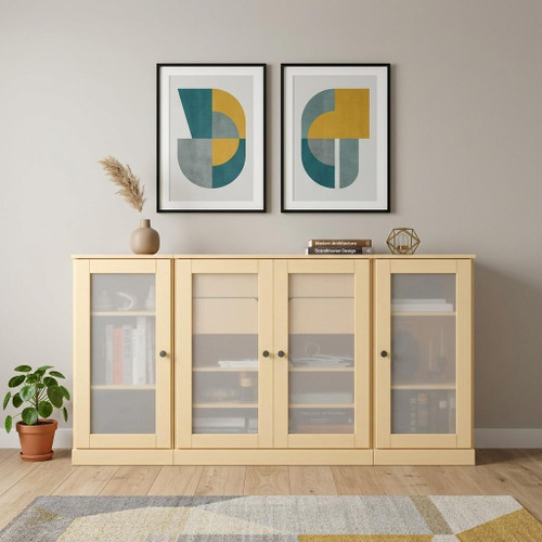65" Yellow Solid Wood Two Drawer Sideboard With Four Glass Doors