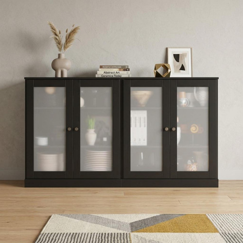 64" Black Solid Wood Sideboard With Four Glass Doors