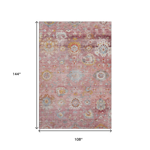 9' X 12' Pink Gold And Blue Floral Washable Area Rug With UV Protection