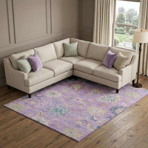8' X 10' Purple Teal And Gold Floral Washable Area Rug With UV Protection