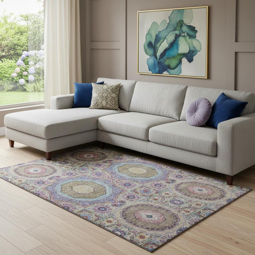 8' X 10' Purple Teal And Red Medallion Washable Area Rug With UV Protection