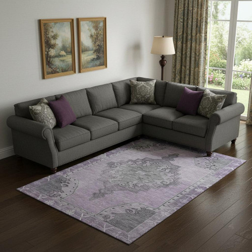 10' X 14' Plum And Gray Oriental Washable Area Rug With UV Protection