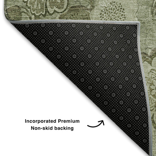9' X 12' Artichoke Green And Fern Green Floral Washable Area Rug With UV Protection