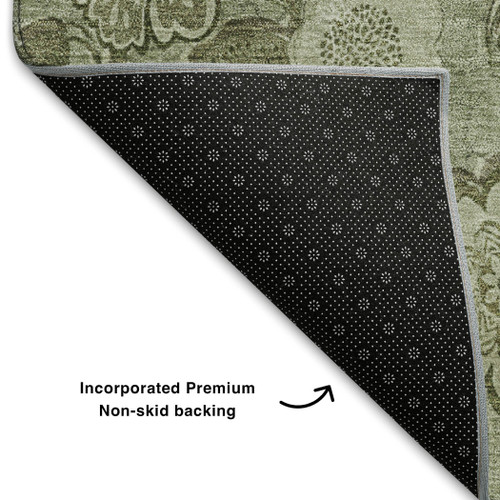 9' X 12' Artichoke Green And Fern Green Floral Washable Area Rug With UV Protection