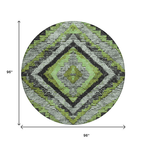 8' Artichoke Green And Gray Round Aztec Washable Indoor Outdoor Area Rug