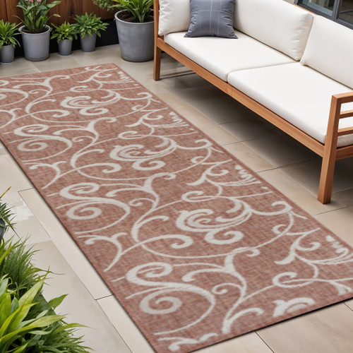 8' Salmon And Cream Floral Indoor Outdoor Runner Rug