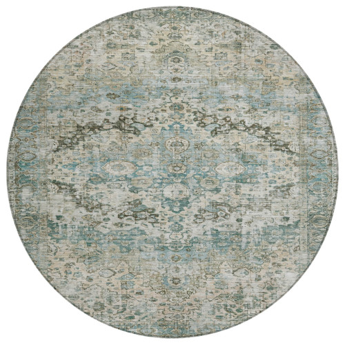 8' Sage Teal Blue And Beige Round Floral Washable Indoor Outdoor Area Rug