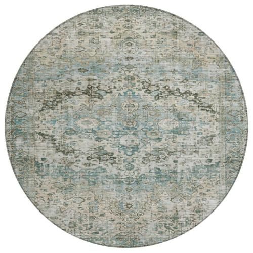 8' Sage Teal Blue And Beige Round Floral Washable Indoor Outdoor Area Rug