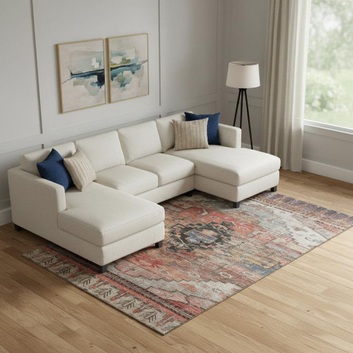 9' X 12' Rust Gray And Beige Oriental Washable Area Rug With UV Protection