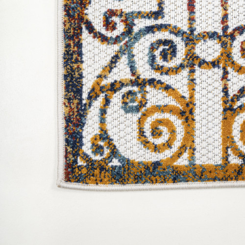 8' Cream Blue And Orange Trellis Indoor Outdoor Runner Rug