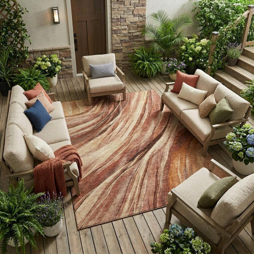 8' X 10' Orange And Burgundy Abstract Washable Indoor Outdoor Area Rug