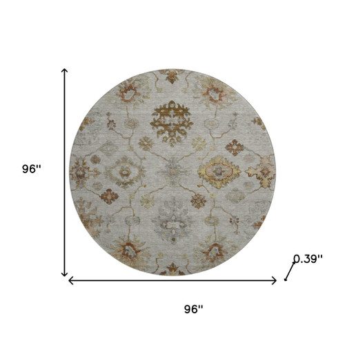 8' Taupe And Beige Oriental Washable Round Rug With UV Protection