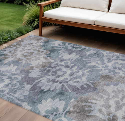 8' X 10' Blue And Silver Floral Washable Indoor Outdoor Area Rug