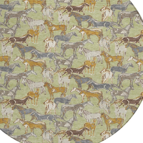 8' Green And Beige Round Horse Washable Indoor Outdoor Area Rug