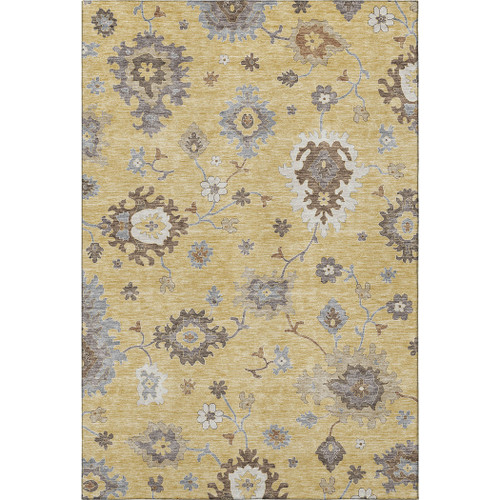 9' X 12' Gold Gray And Ivory Floral Medallion Washable Area Rug With UV Protection