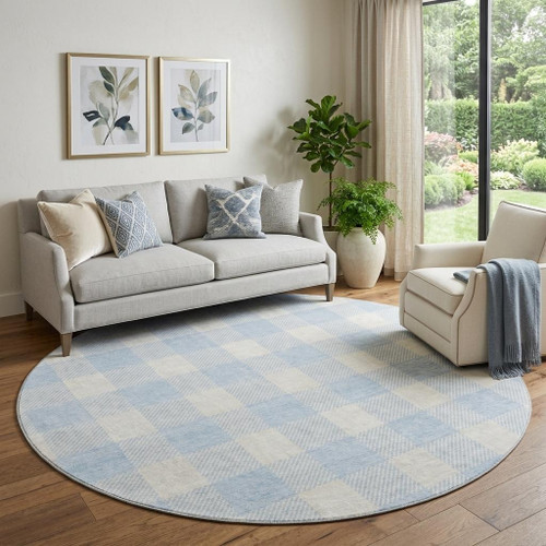 8' Sky Blue And Ivory Plaid Washable Round Rug With UV Protection