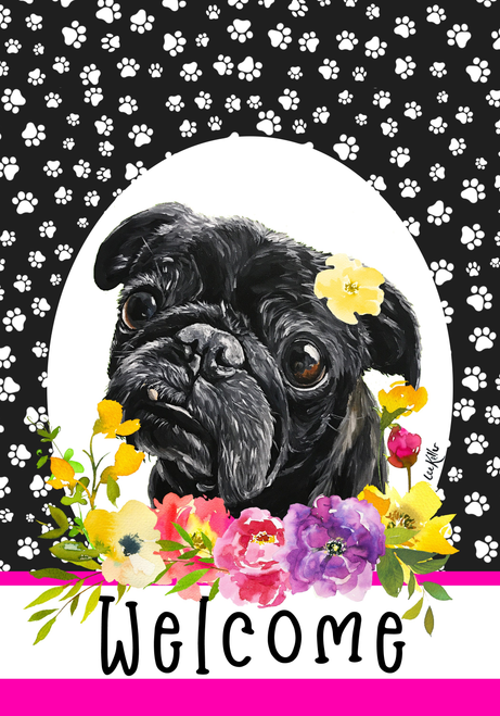 Pug Black - Hippie Hound Studios Paw Prints  House and Garden Flags