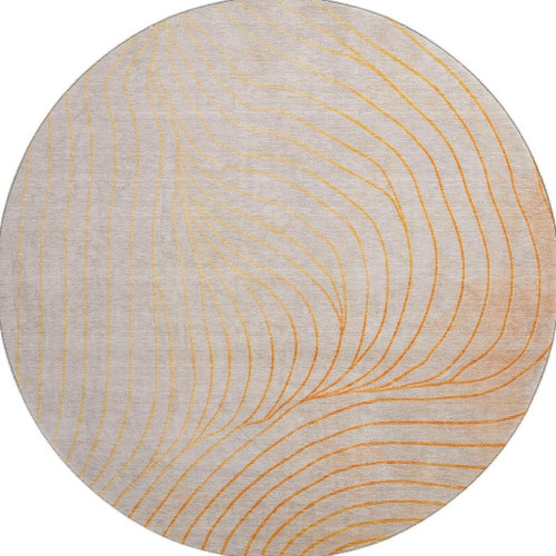 8' Orange And Silver Abstract Washable Round Rug With UV Protection