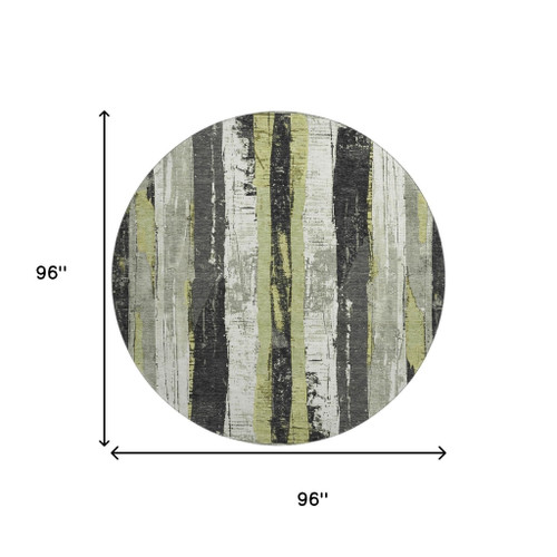 8' Artichoke Green And Gray Striped Washable Round Rug With UV Protection